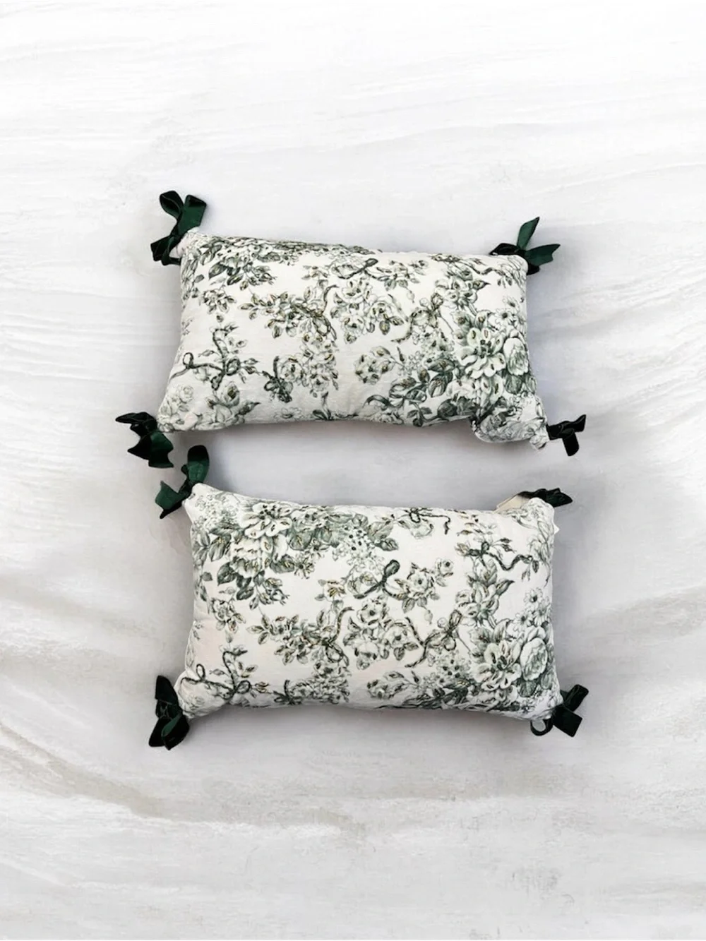 Elegant Velvet Green Bow Ties Floral Toile Lumbar Pillow 14x24” Laura Ashley